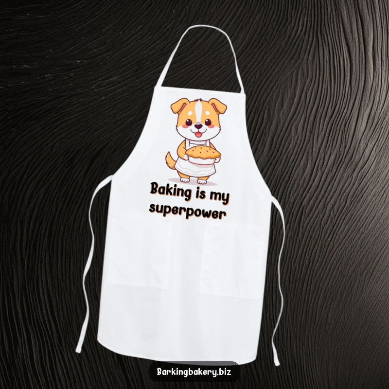 Funny dog baker apron featuring a cute dog in an apron holding a steaming pie, ideal for kitchen protection and humor.