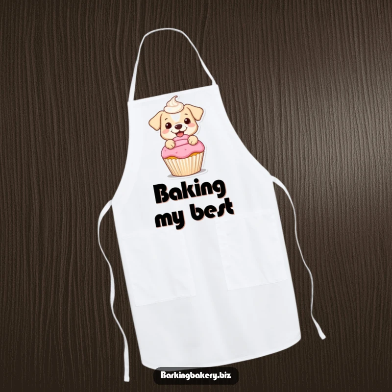 Funny apron of a small dog cheerfully frosting a cupcake with a perfectly swirled dollop, ideal for bakers and dog lovers.