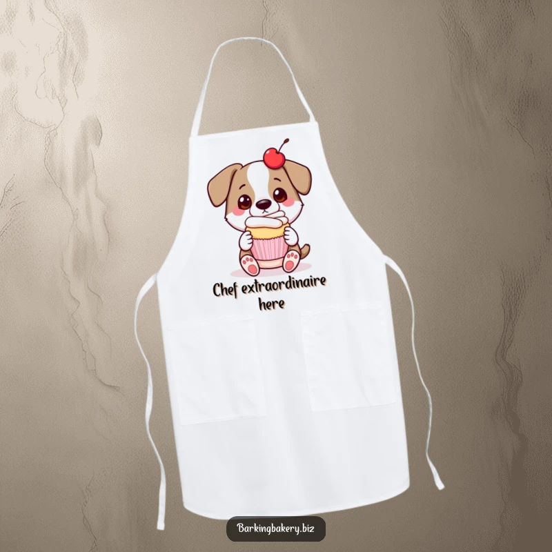 Funny dog apron showing a proud dog presenting a cupcake with a cherry on top, ready to share deliciousness.