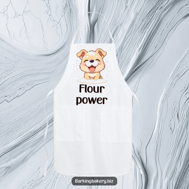 Funny dog giggling while covered in a dusting of flour, a stylish apron, perfect funny gift for cooks.