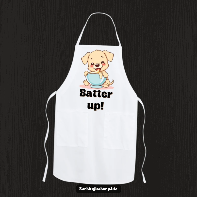 Funny puppy joyfully tastes batter from a mixing bowl, providing humorous protection on a baking apron.