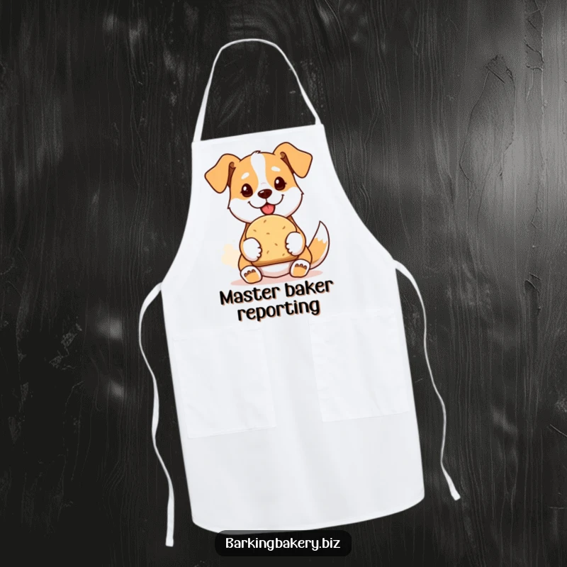 Funny apron featuring a proud dog offering a freshly baked loaf of bread, ideal for baking protection.
