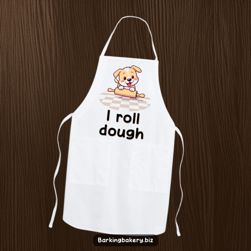 Funny dog playfully chasing a rolling pin on a checkered floor, a stylish apron, perfect funny gift for cooks.