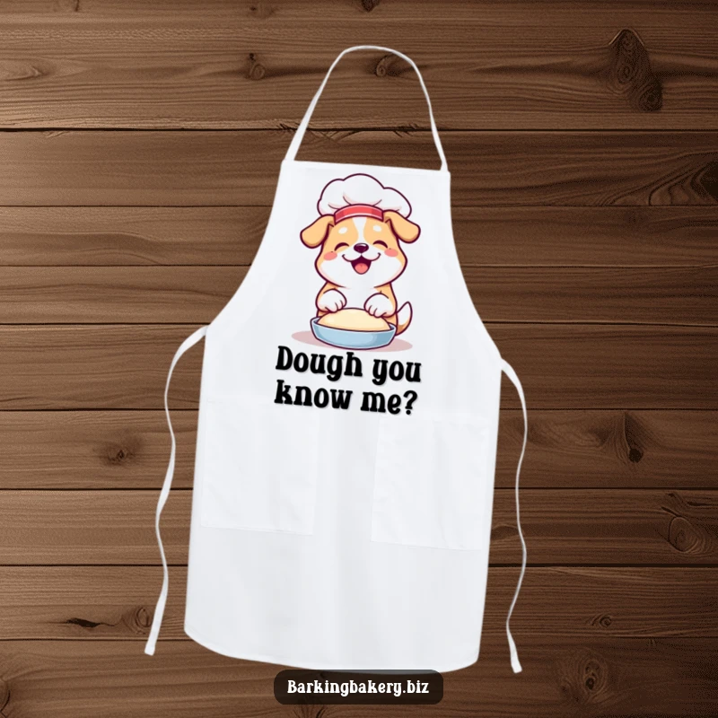 Funny apron showing a dog in a chef hat happily kneading dough with its paws, ready for culinary creation.