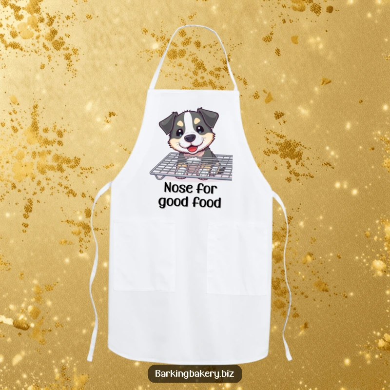 Funny Curious Dog Apron: A dog with a flour smudge on its nose sniffs a cooling rack, perfect for passionate bakers.