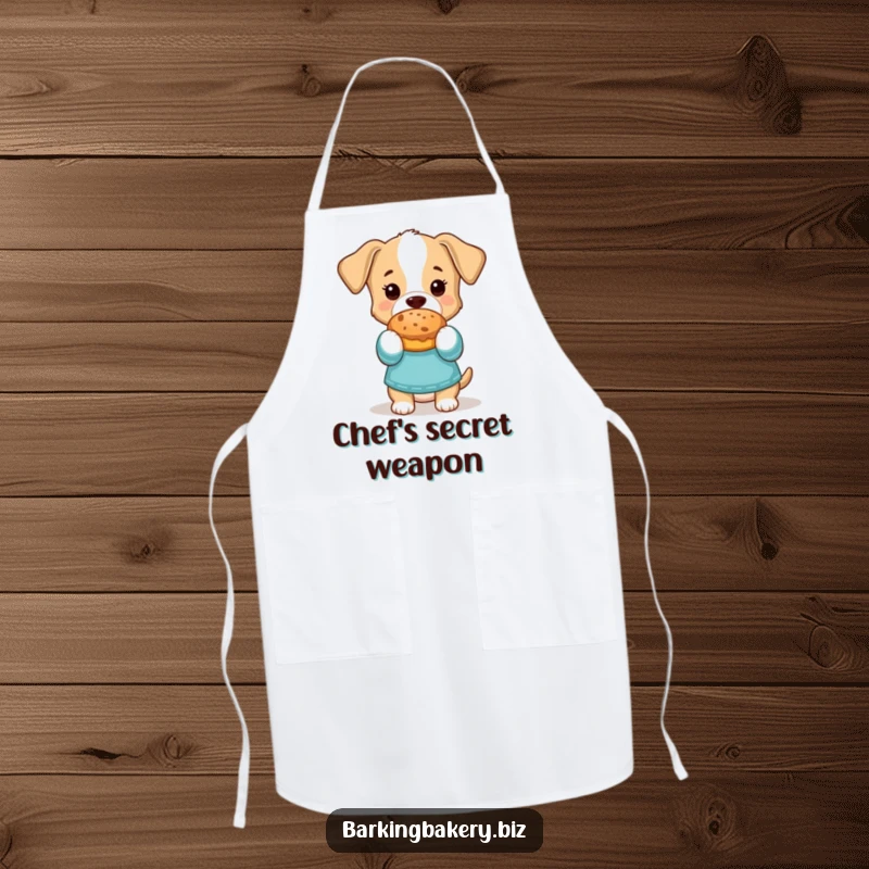 Funny Apron: Dog in oven mitts holds a baked treat, ready to assist in the kitchen with a smile.