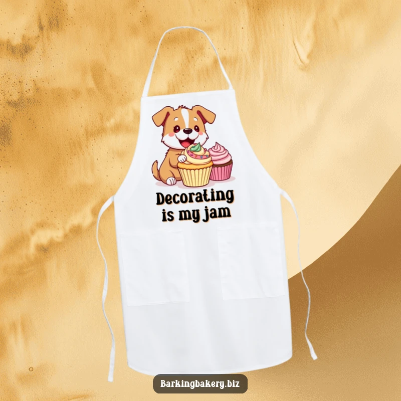 Funny Apron: Dog wearing an apron humorously decorates a cupcake, encouraging messy kitchen fun and protection.