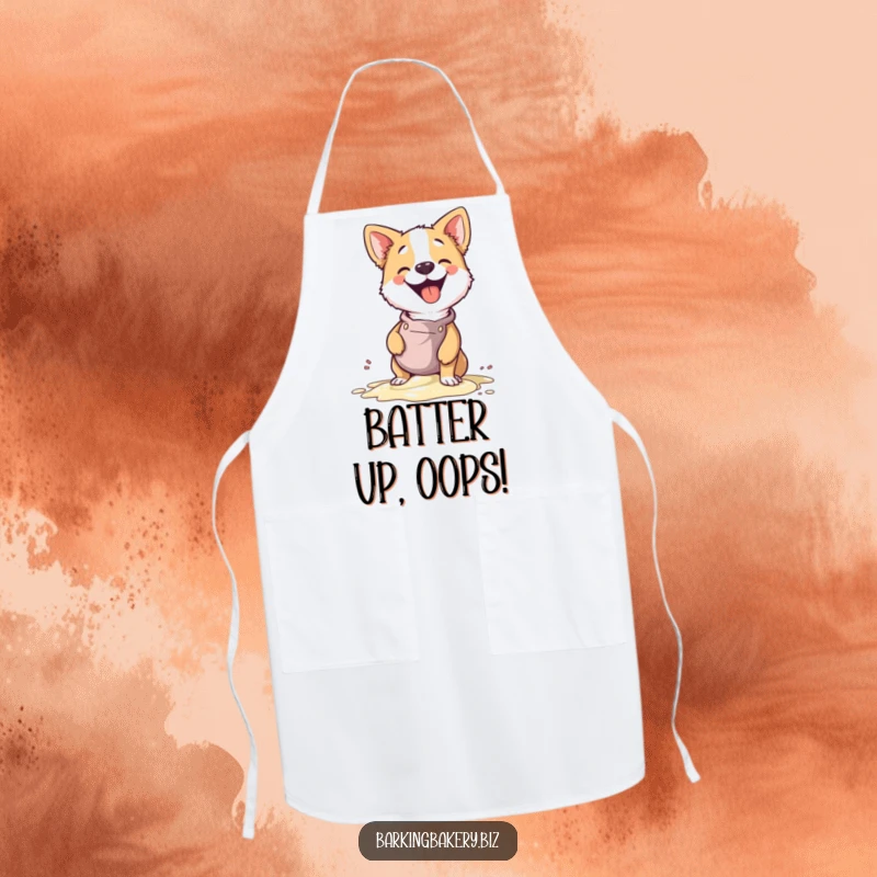 Funny apron featuring a dog chef in an apron giggling as batter spills, a humorous and functional kitchen accessory.