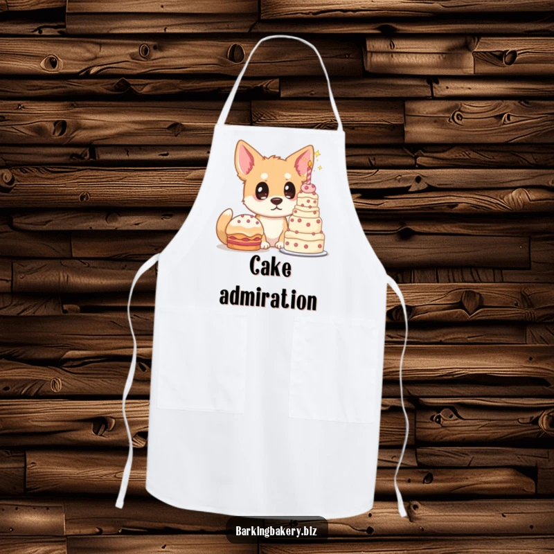 Funny dog apron, a dog with starry eyes gazes at a towering cake, perfect for kitchen protection and cake-loving chefs.