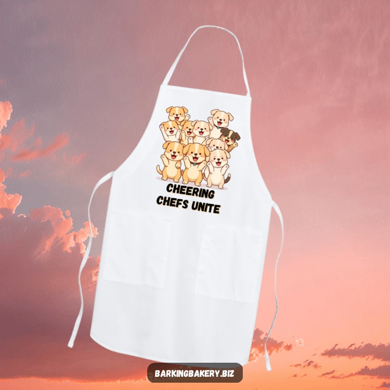 Funny Dog Cheer Squad Apron: A group of cute dogs cheer with paws raised, perfect for adding fun to cooking.