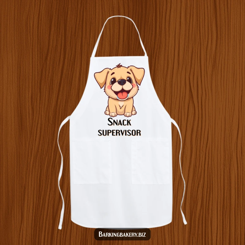 Funny apron featuring a dog's drooling grin, anticipating a delicious treat, a humorous kitchen accessory.
