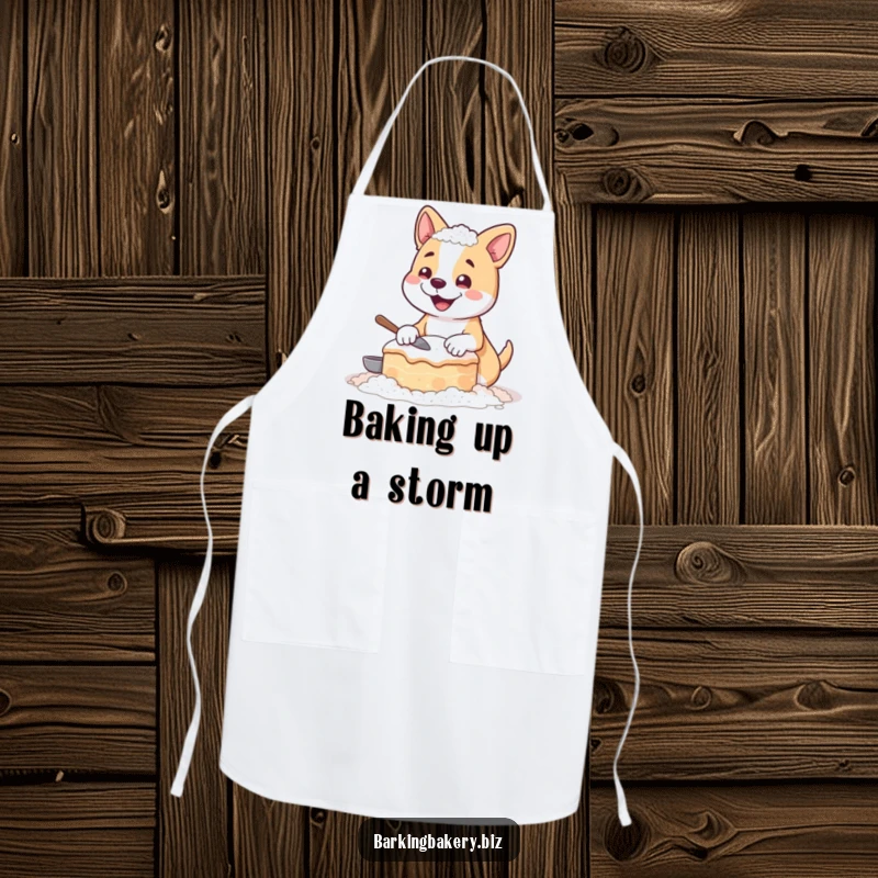 Funny apron showing a happy dog covered in flour, holding a funny, lopsided cake, ready to cook up a storm.