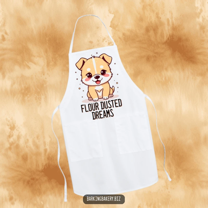 Funny apron featuring a cheerful dog sprinkling flour, ideal for keeping clothes clean during baking.