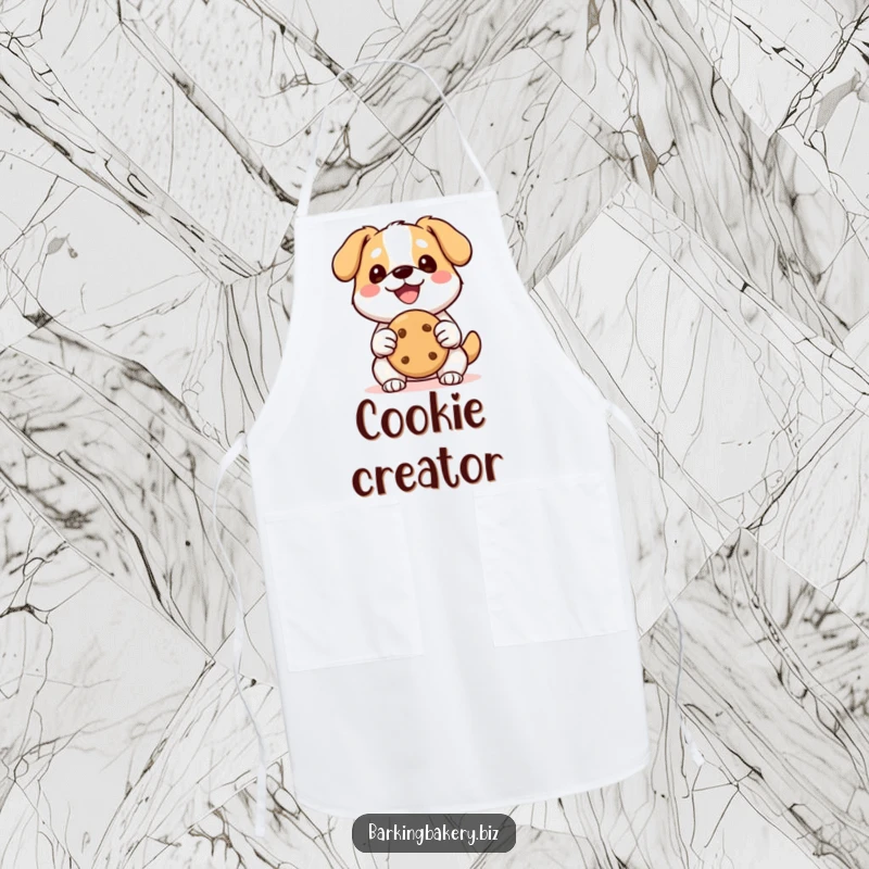 Funny Kawaii Dog Apron: A happy kawaii dog with a wide smile holds a perfect cookie, perfect for baking fun.