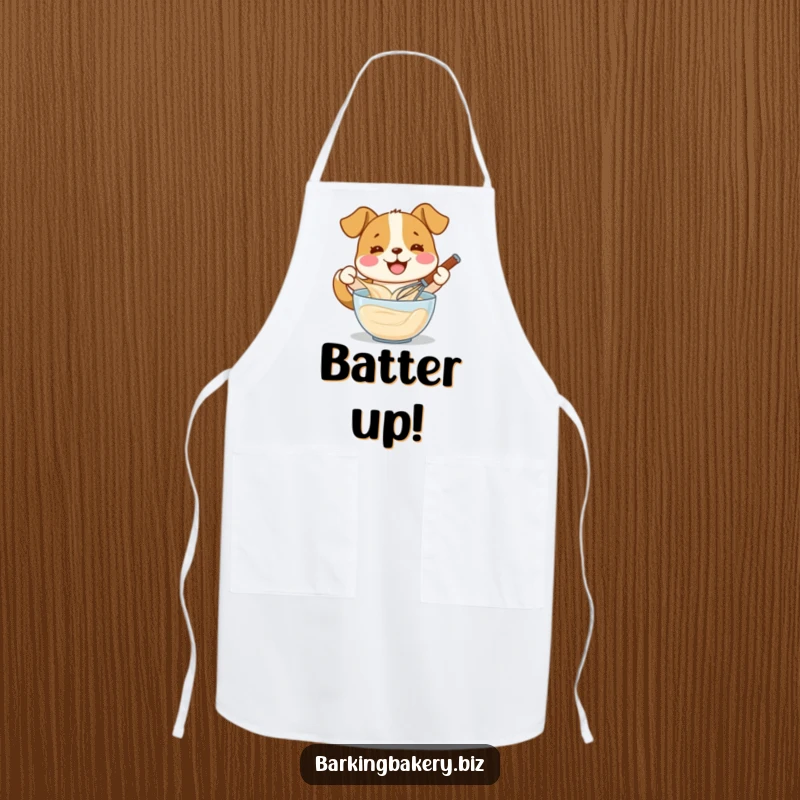 Funny dog enthusiastically whisking batter with a wide smile, a stylish apron, perfect funny gift for cooks.