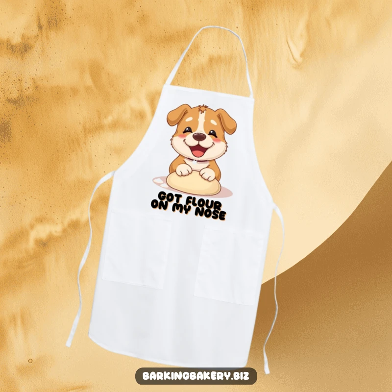 Funny Dog Apron: A dog covered in flour happily kneading dough, ideal for messy baking fun. Great gift.