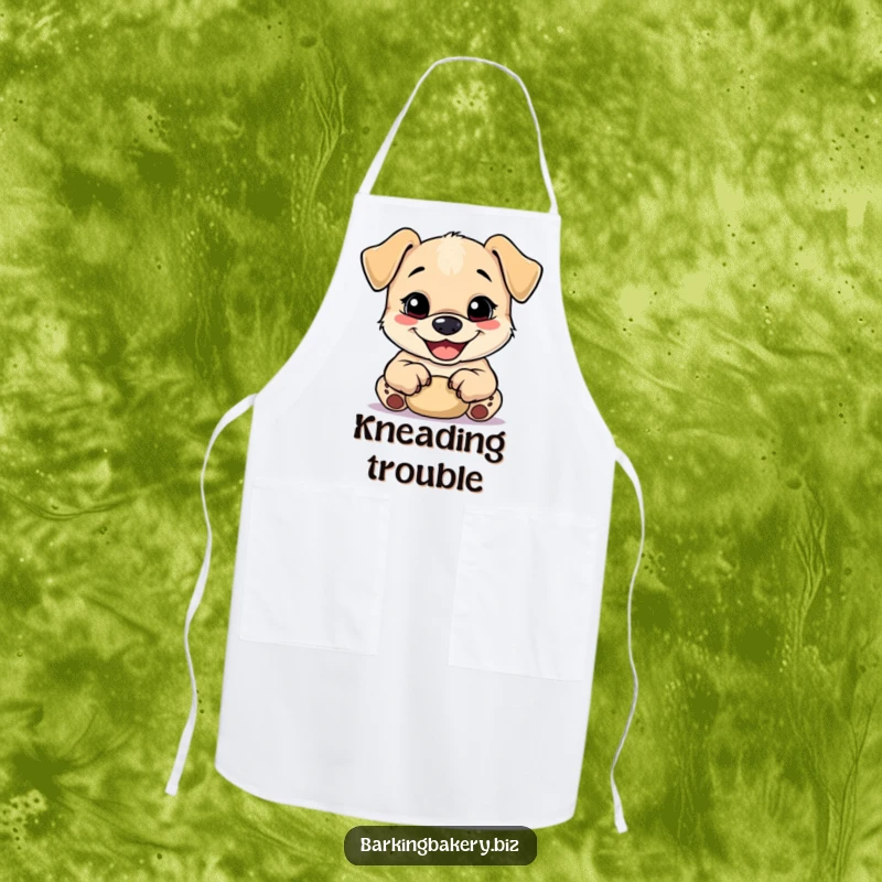 Funny happy puppy kneading dough with its paws, providing humorous protection on a baking apron.
