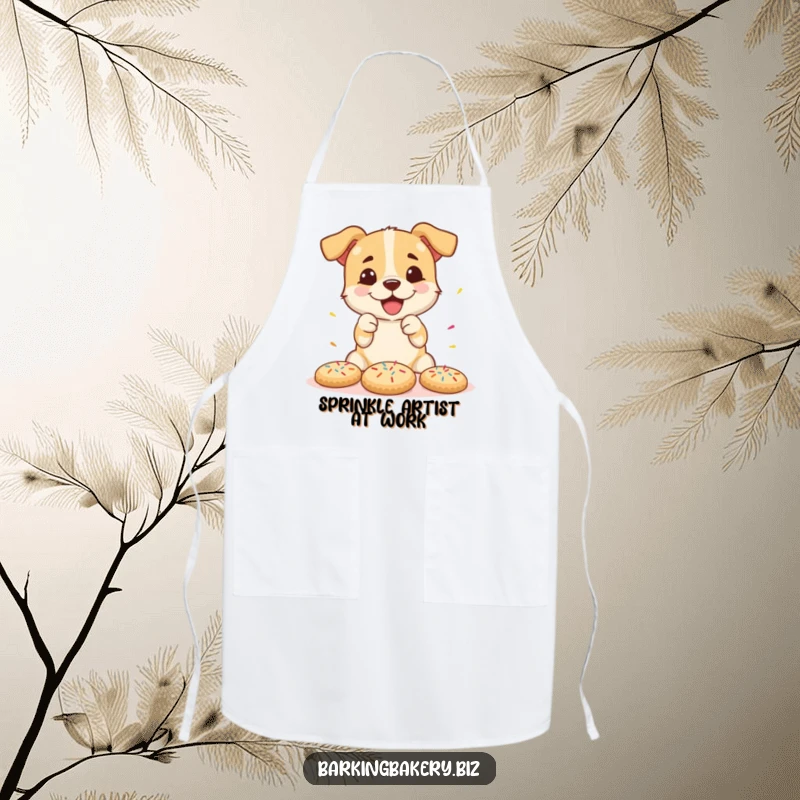 Funny apron with an excited dog decorating cookies with a shower of sprinkles, ideal for messy baking fun.
