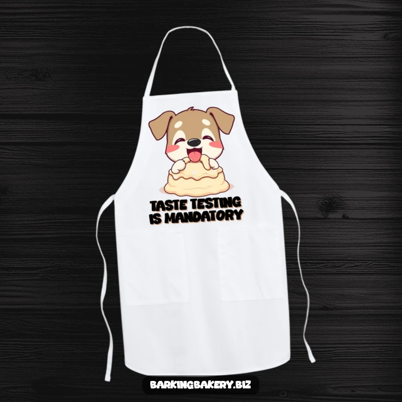 Funny Dog Apron: A dog happily tasting cake batter with a wagging tail, perfect for bakers. Great gift.