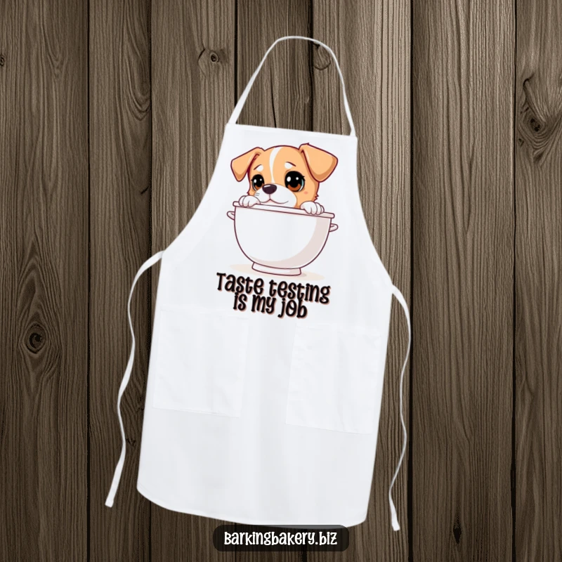 Funny dog peeking over a giant mixing bowl with curious eyes, a practical and funny apron for cooking.