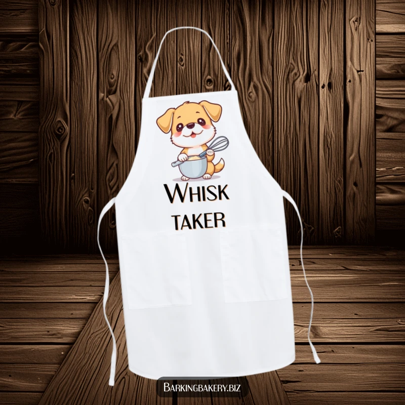 Funny apron for bakers featuring a dog holding a whisk, ready to mix, a humorous and functional kitchen accessory.