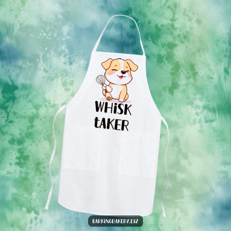 Funny dog holds a whisk in its paw and winks playfully, providing humorous protection on a baking apron.