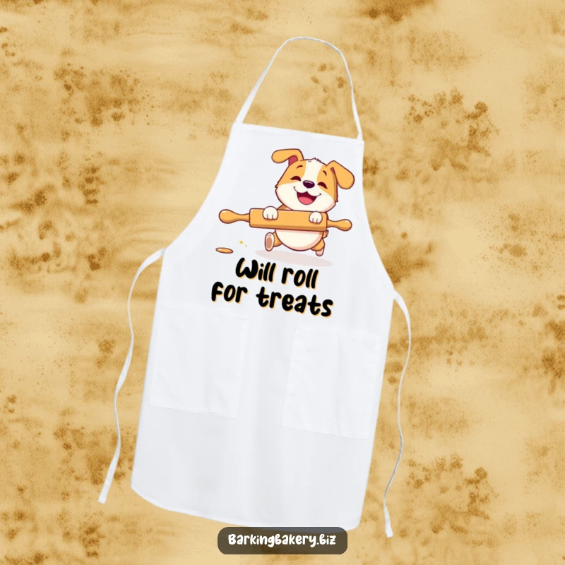 Funny Apron: A dog with a big grin playfully chases a rolling pin, designed for kitchen protection and humorous baking fun.