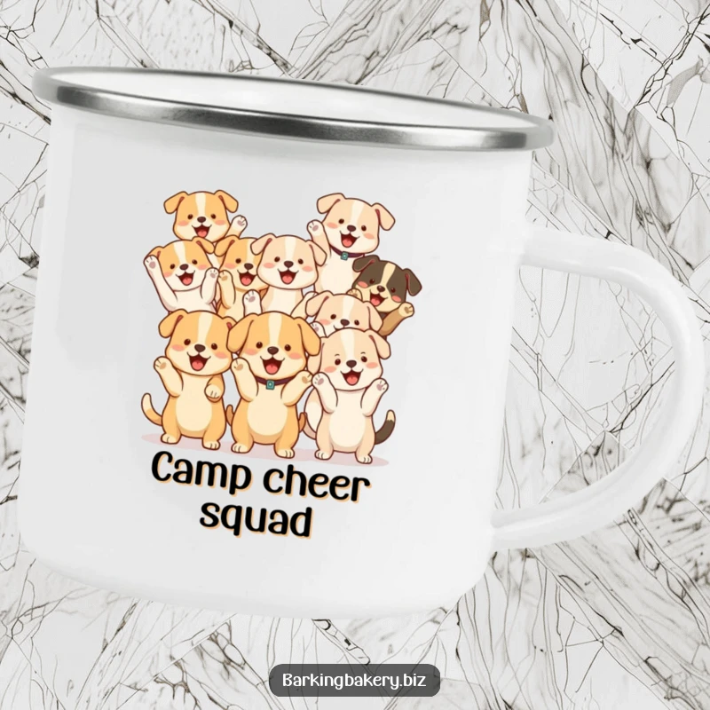 Funny Dog Cheer Squad Camping Mug: A group of cute dogs cheer with paws raised, perfect for outdoor enjoyment and drinks.