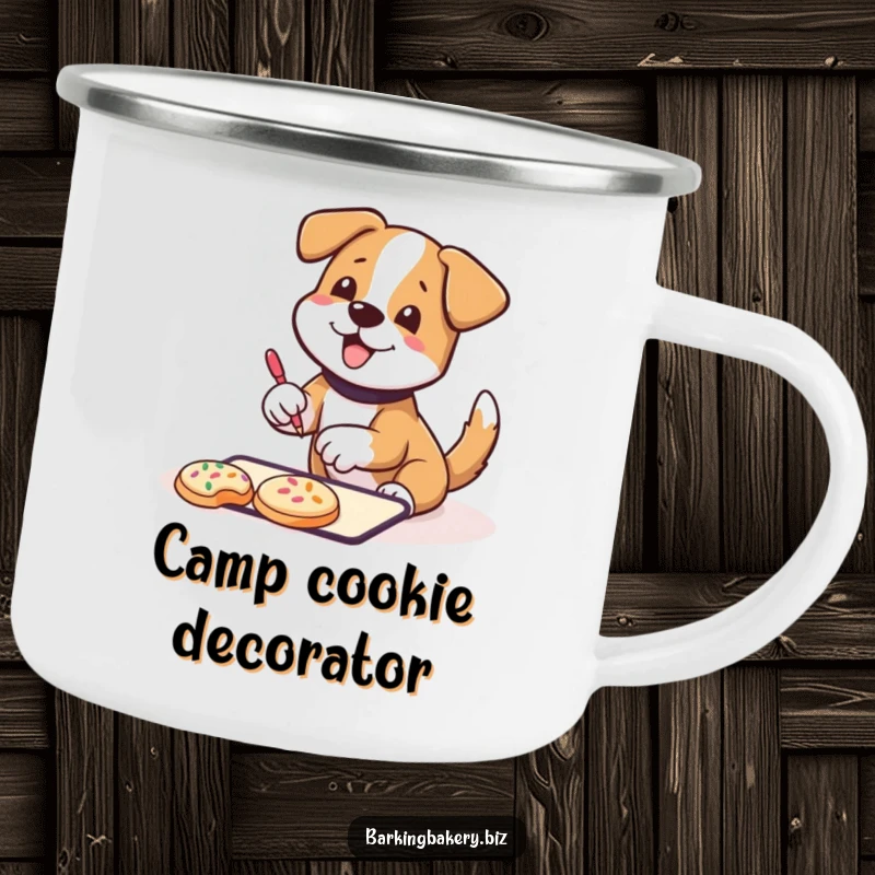 Funny Camping Mug: A dog wagging its tail happily decorates cookies with sprinkles, perfect for enjoying beverages outdoors.