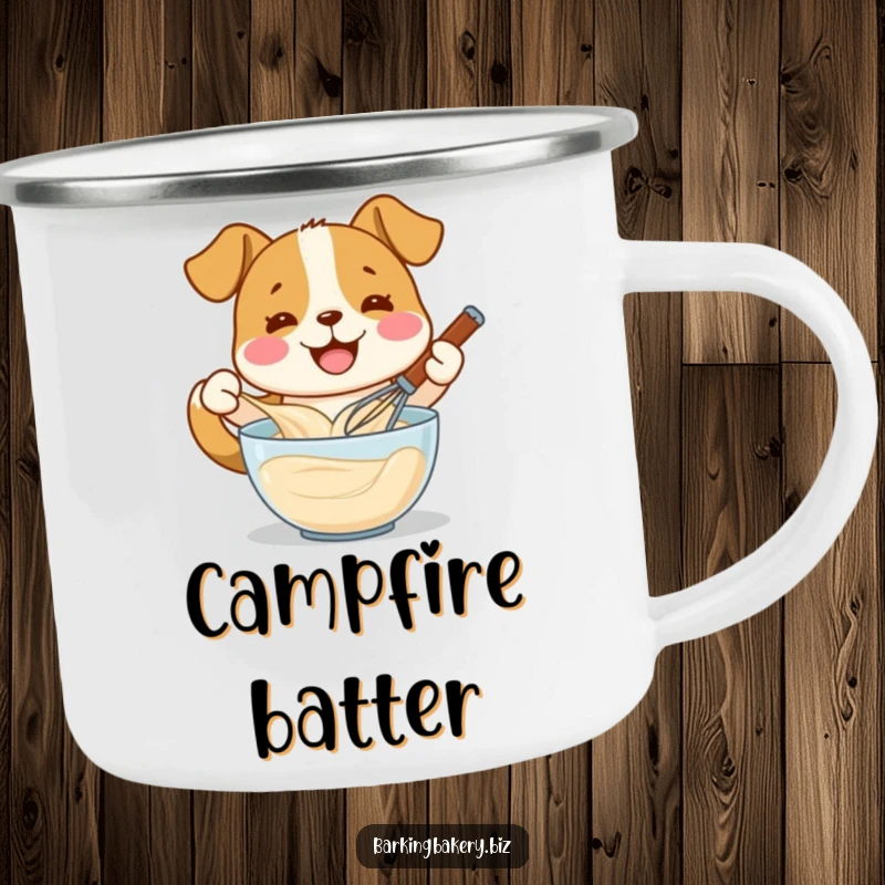 Funny dog whisking batter with a smile, a durable camping mug, ideal funny gift for outdoor lovers.