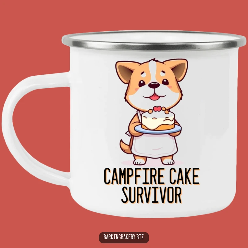 Funny Determined Dog Baker Camping Mug: Proud Pup with Cake, Durable Funny Gift Outdoors