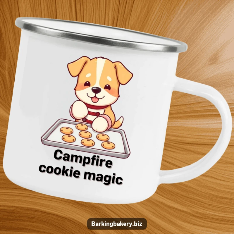 Funny dog camping mug showing a dog wearing oven mitts, carefully placing cookies on a baking sheet, perfect for outdoor chefs.