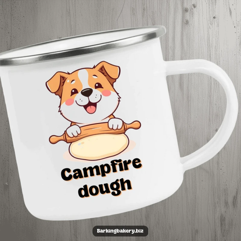Funny Dog Baker Camping Mug: A happy dog uses a rolling pin on puffed dough, ideal for outdoor baking.