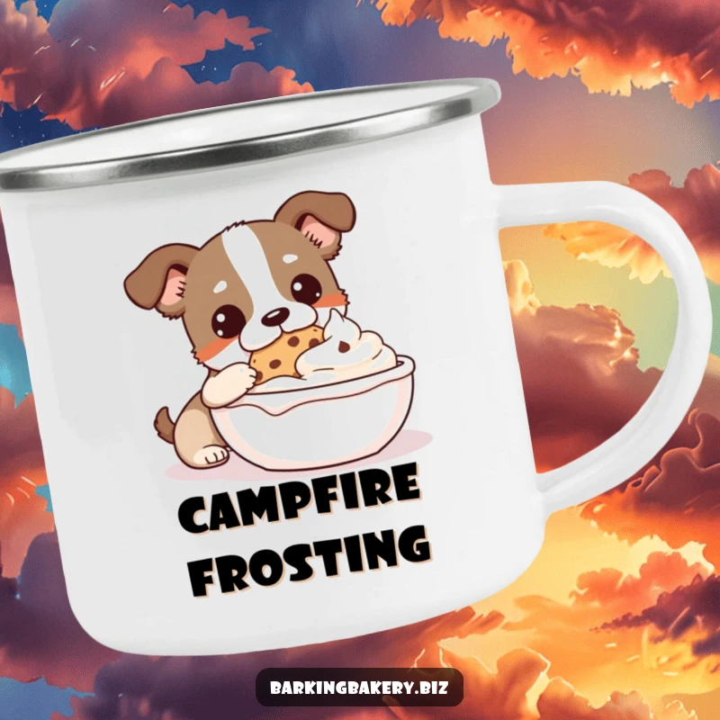 Funny Cookie Monster Dog Camping Mug: A dog dips a cookie into frosting, ideal for outdoor treat lovers.