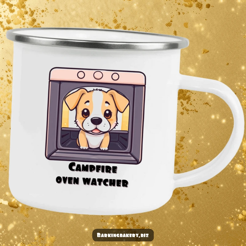 Funny Camping Mug: A dog peeks into an oven with curious eyes, perfect for enjoying beverages during outdoor adventures.