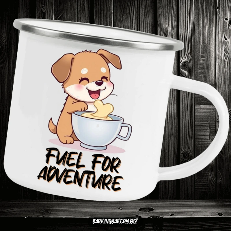 Funny dog camping mug illustration of a happy dog sampling batter from a mixing bowl, embodying outdoor culinary fun.