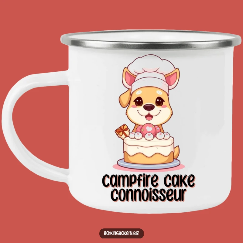 Funny Campfire Mug: Chef Dog in Hat Presenting Cake - Outdoor Baking Fun Gift