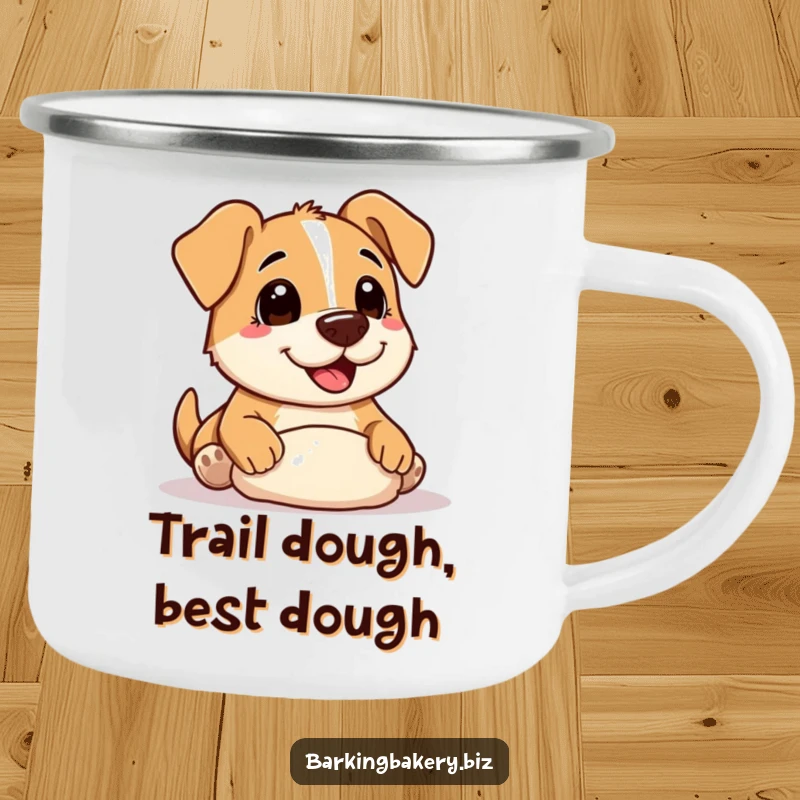 Funny Camping Mug: A dog with a floury nose joyfully shaping dough, designed for outdoor adventures and warm beverages.