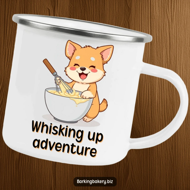 Funny dog camping mug showing an energetic dog with a large whisk, mixing batter in a bowl, ready for outdoor baking.
