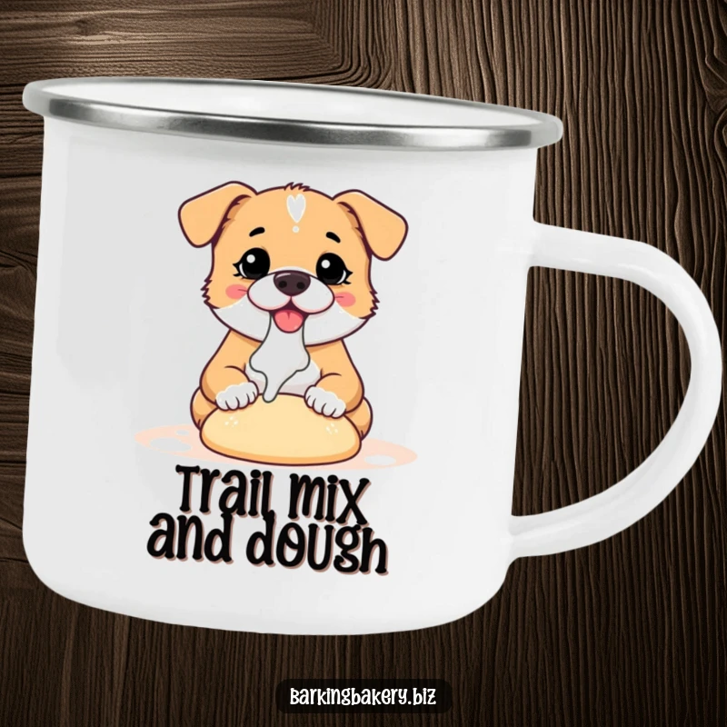 Funny dog camping mug with a cute, flour-dusted dog enthusiastically kneading dough, ready for outdoor baking fun.