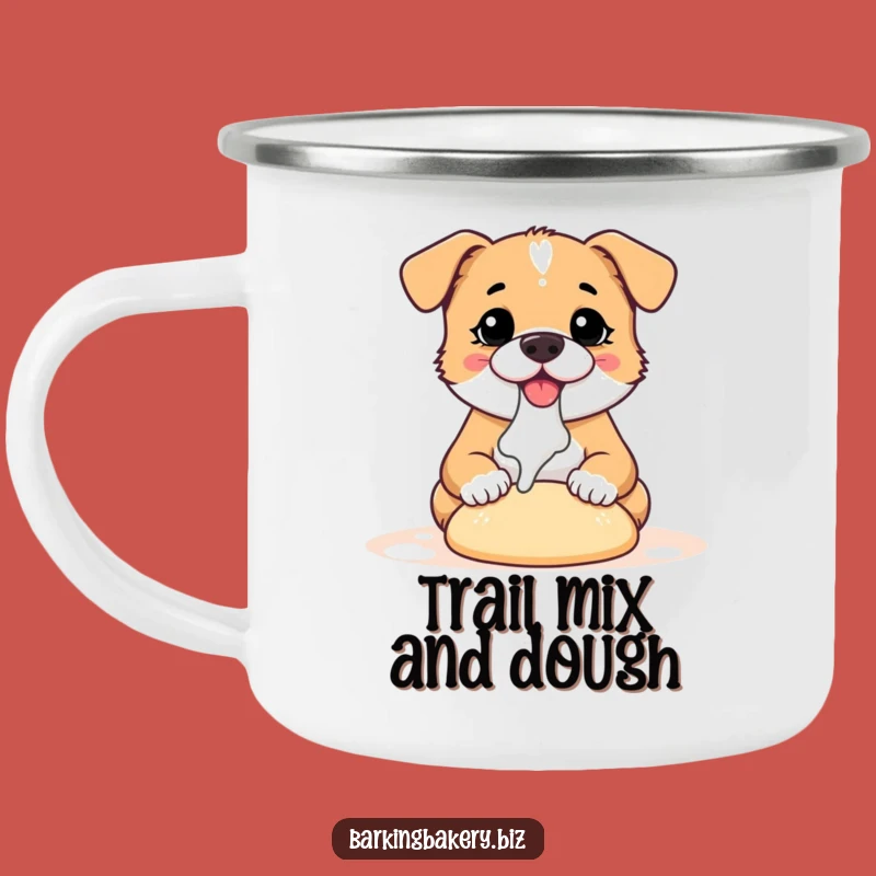 Funny Dog Baker Camping Mug: Flour-Nose Pup Kneading Dough - Rugged & Hilarious Adventure Gift
