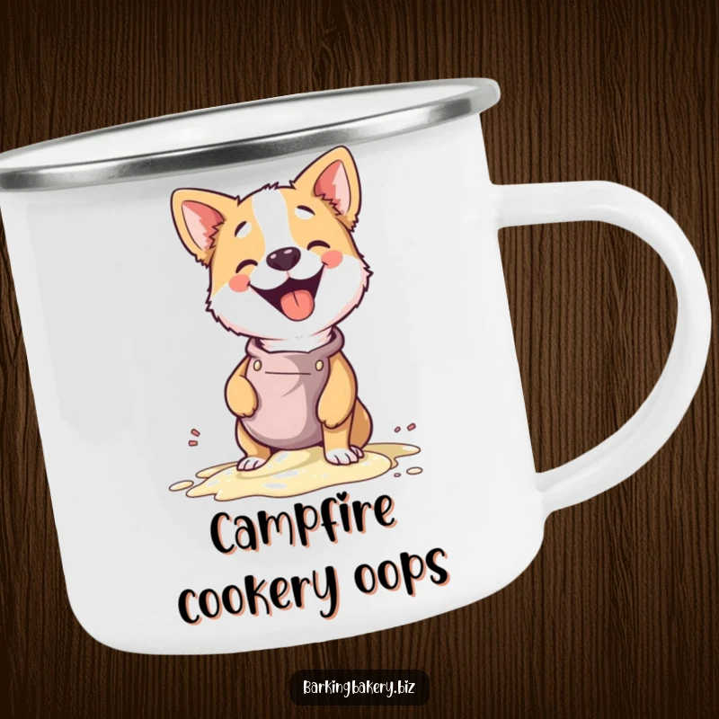 Funny enamel camping mug with a dog chef spilling batter and giggling, perfect for outdoor humor.