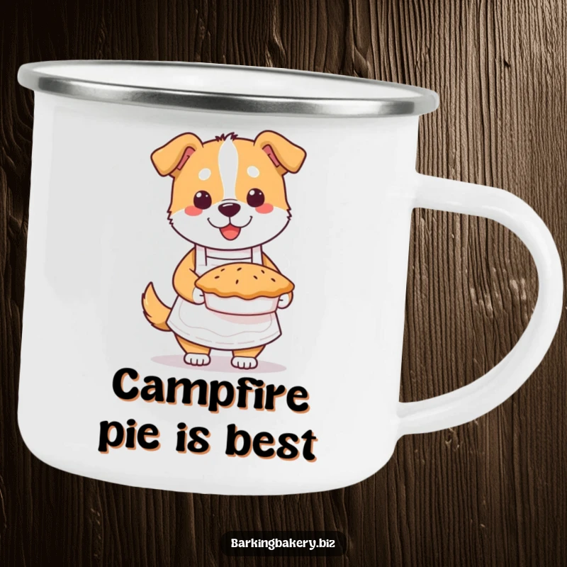 Funny dog baker camping mug featuring a dog in an apron with a pie, designed for outdoor use and enjoyment.