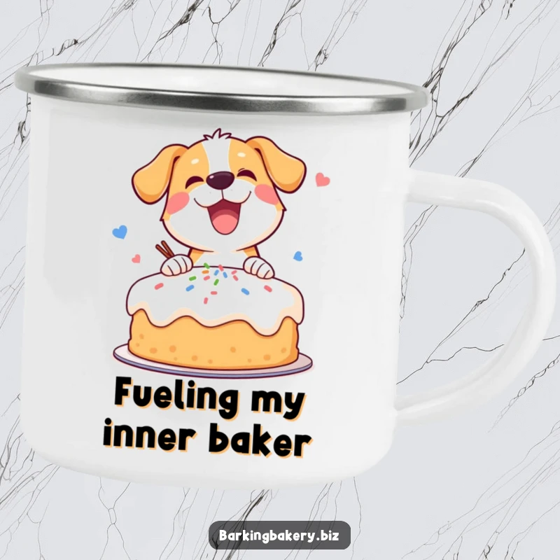 Funny camping mug showing a happy dog energetically decorating a cake with a joyful scattering of sprinkles.