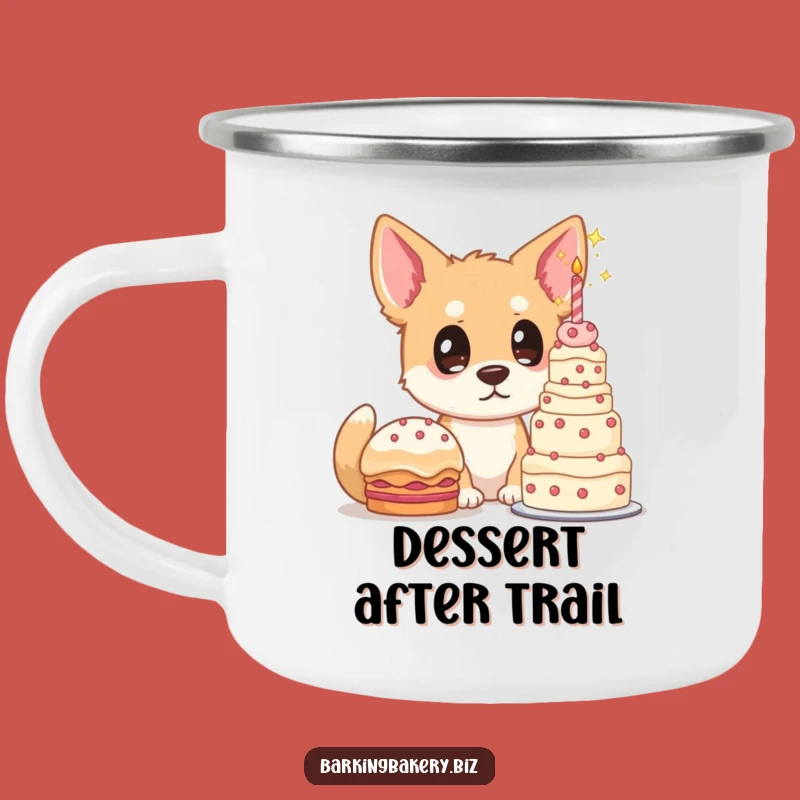 Funny Dog Cake Lover Camping Mug: Mountain of Cake, Sweet Campfire Treat