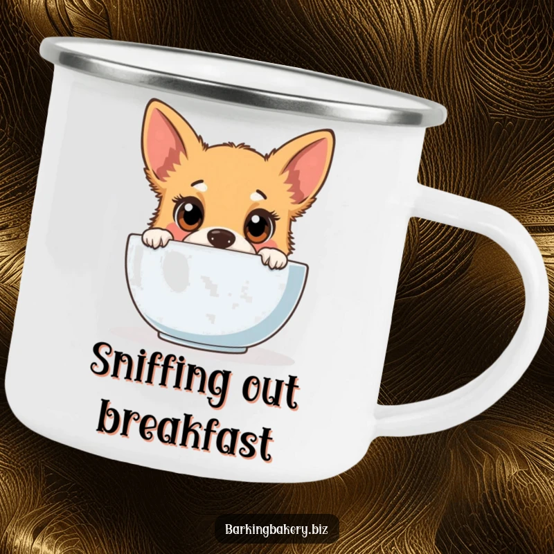 Funny dog camping mug showing a curious puppy peeking into a mixing bowl, ideal for outdoor kitchen fun.