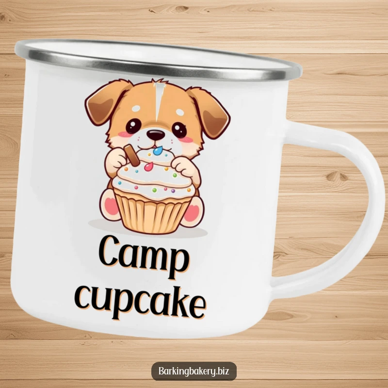 Funny Dog Decorator Camping Mug: A dog carefully places toppings on a cupcake, ideal for outdoor baking enthusiasts.