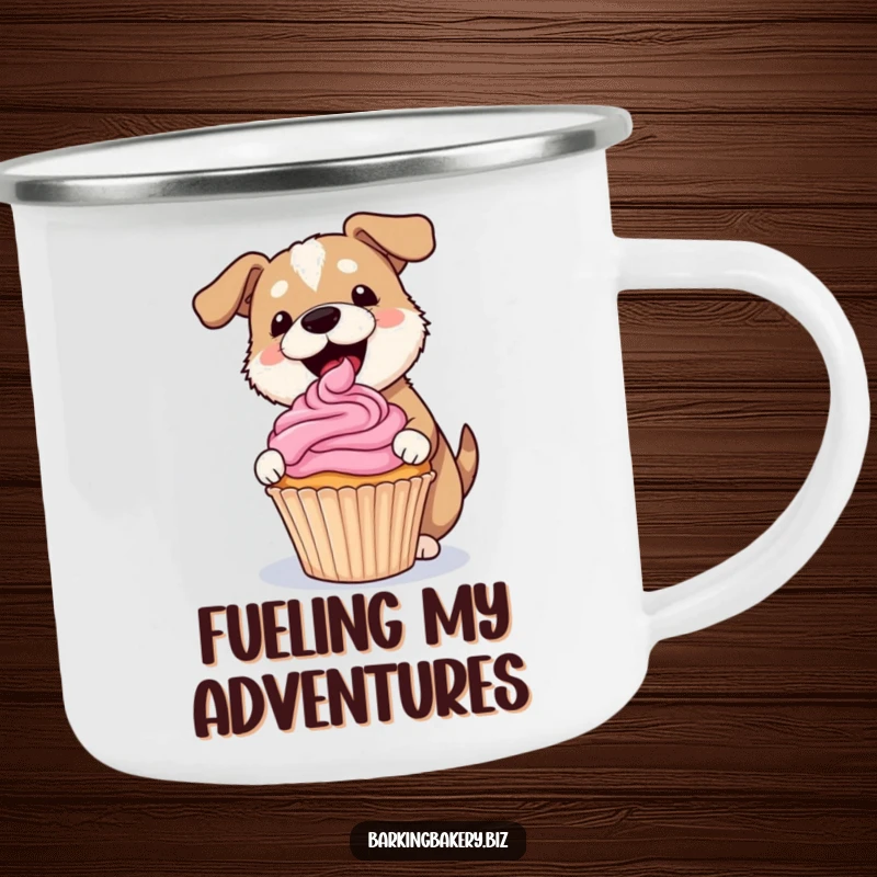 Funny dog camping mug showing a dog gleefully frosting a lopsided cupcake with a pink swirl, great for outdoors.