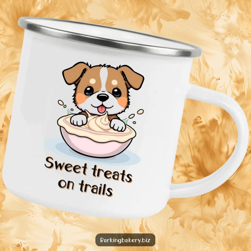 Funny camping mug showing an ecstatic dog joyfully splashing around in a big bowl of creamy frosting.