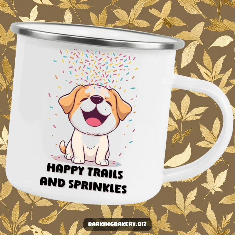 Funny dog camping mug showing a happy, giggling puppy receiving a messy overdose of colorful sprinkles, perfect for outdoor fun.